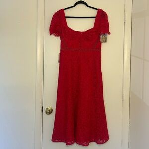Self-Portrait Red Crepe Lace Detail Midi Dress - Size 10